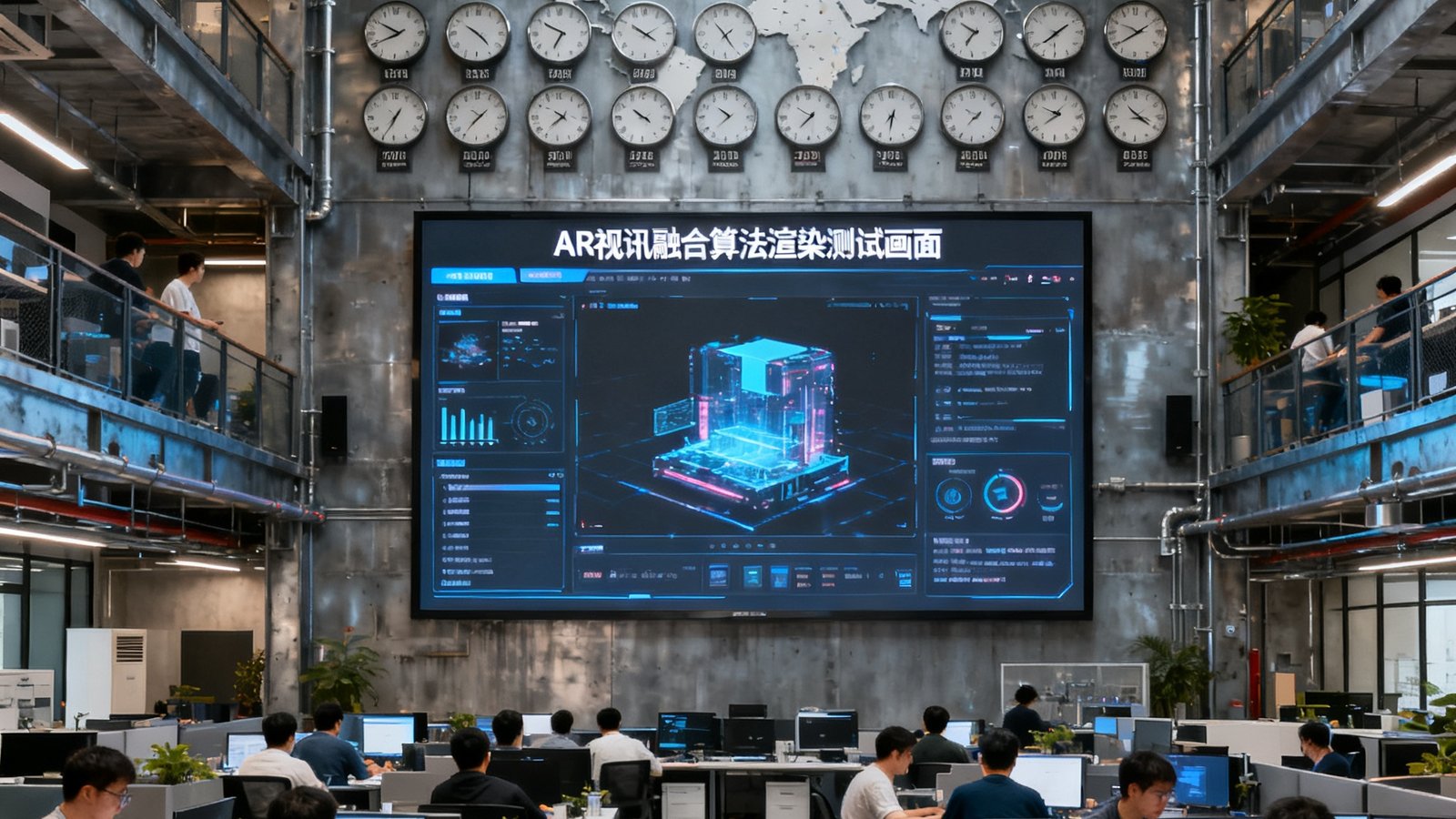 DB视讯深圳总部开放式办公区内，四十余位研发工程师在三层挑高的工业风空间里协作开发，墙面悬挂着全球时区时钟阵列，中央大型屏幕实时展示AR视讯融合算法的渲染测试画面