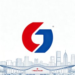 广交会标识，以中国进出口商品交易会官方红蓝双色标志为主体，背景为广州琶洲展馆建筑群轮廓